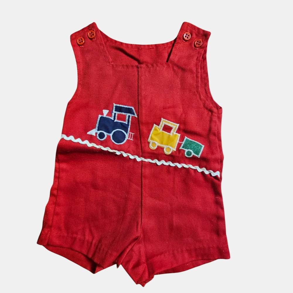 Vintage Health-Tex Overalls Shorts Shortalls Infant 9 Mos. Train Patch Red Retro